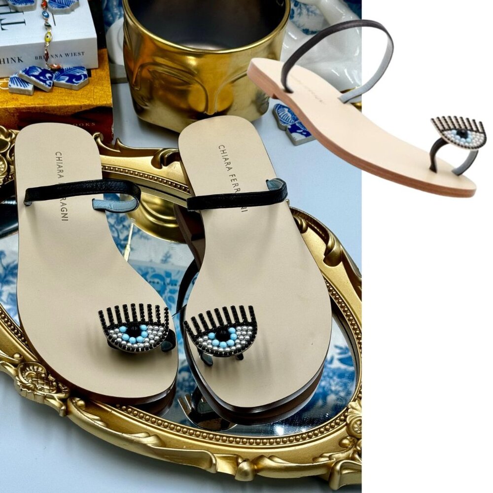 🆕 CHIARA FERRAGNI 🧿 NWOT Flirting Leather Toe Ring Sandal, Black - Sz 36